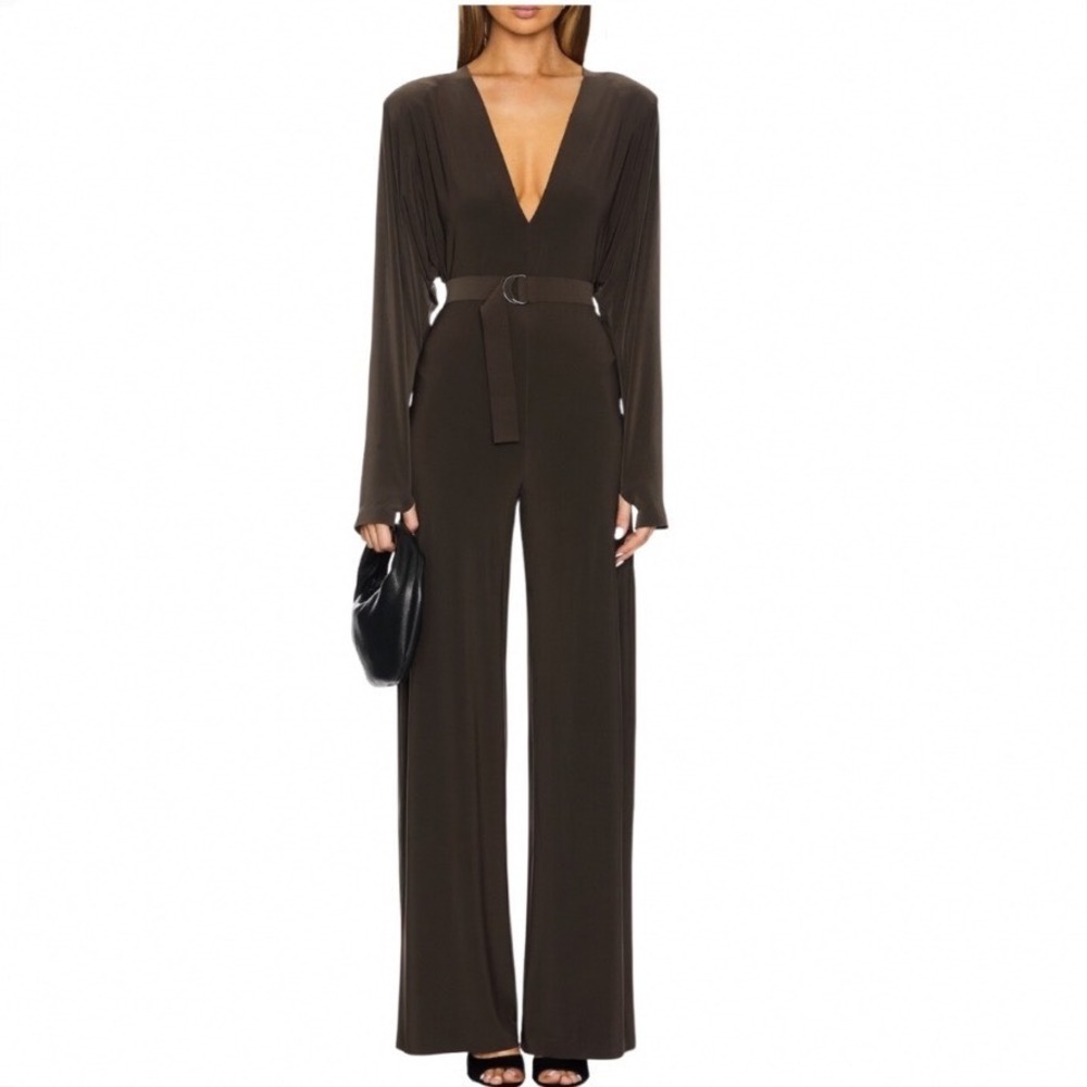 Norma Kamali Brown Deep V-Neck Long Sleeve Wide Leg Belted Jumpsuit Size L/40‎